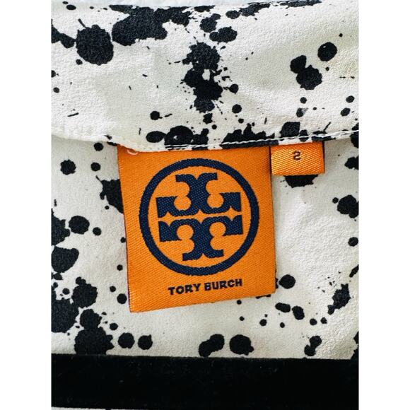 Tory Burch 100% SIlk Ruffle Exposed Zipper Splatter Print Blouse Top Sz 2 - Picture 3 of 6